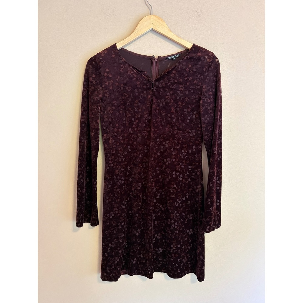 Comme Ca Du Mode Burgundy Floral Burnout‎ Velvet Long Sleeve Mini Dress Size M